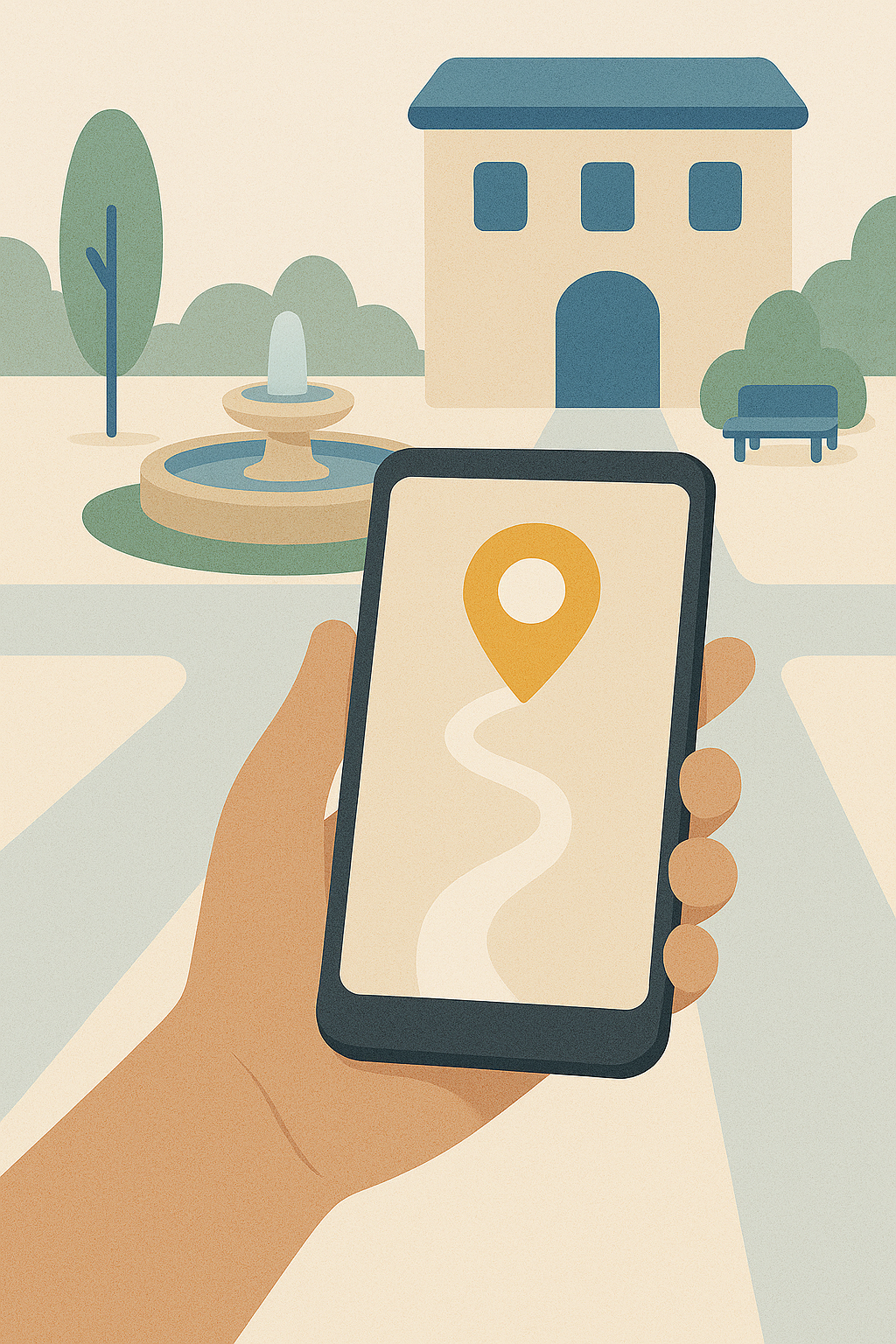 Hand holding phone with location markers